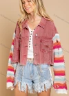 Wholesale Women's Casual Splicing Knit Ripped Long Sleeve Button Down Crop Shirt Jacket - Liuhuamall