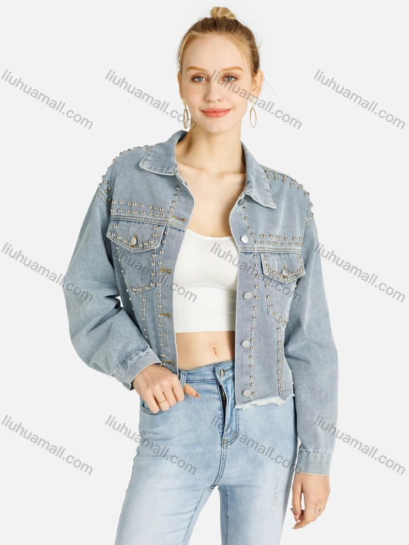 Wholesale Women's Fashion Plain Button Down Rivets Decor Flap Pockets Frayed Raw Hem Denim Jacket