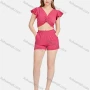 Wholesale Women's Plain V Neck Ruffle Sleeve Twist Shirred Crop Tops & Ruffle Trim Elastic Waist Shorts 2 Piece Set L6004# preview