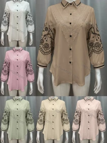 Wholesale Women's Vintage Lantern Sleeve Lace Trim Button Down Shirts, LIUHUA CLOTHING WHOLESALE
