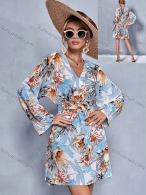 Wholesale Women's Wrap V Neck Wrap Long Sleeve Plant Print Lace Up Short Dress With Belt A1309-4418#, LIUHUA CLOTHING WHOLESALE