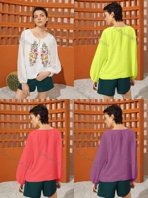Wholesale Women's Keyhole-Neck Lantern Sleeve Swiss Dot Tassel Bow Floral Blouse, LIUHUA CLOTHING WHOLESALE