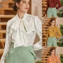 Wholesale Women's Bow Tie Neck Lantern Sleeve Floral Print Solid Elegant Blouse A1309-9114# preview