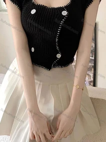 Wholesale Women's Casual Button Plain Short Sleeve Ribbed Knit Sweater Crop Tops 1054#, LIUHUA CLOTHING WHOLESALE