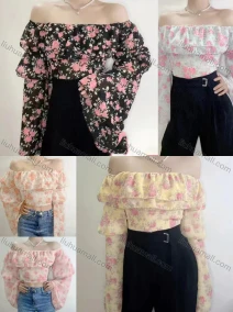 Wholesale Women's Casual Off Shoulder Lantern Sleeve Floral Print Tiered Crop Top, LIUHUA CLOTHING WHOLESALE