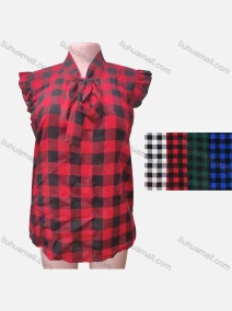 Wholesale Women's Casual Mock Neck Ruffle Sleeve Plaid Print Blouse, LIUHUA CLOTHING WHOLESALE