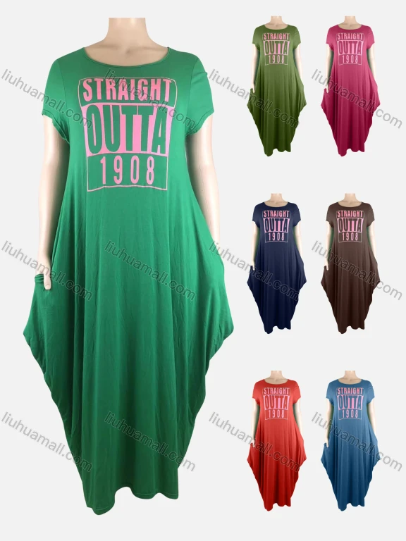 Wholesale Women's African Crew Neck Letter Short Sleeve Pockets Loose Fit Maxi Dress 8804#