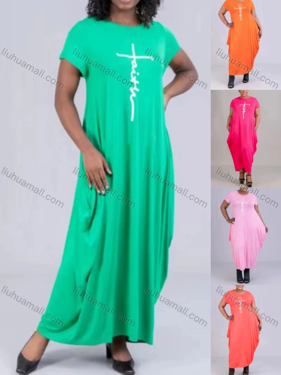 Wholesale Women's African Plus Size Crew Neck Short Sleeve Pockets Loose Fit Dress 8806#