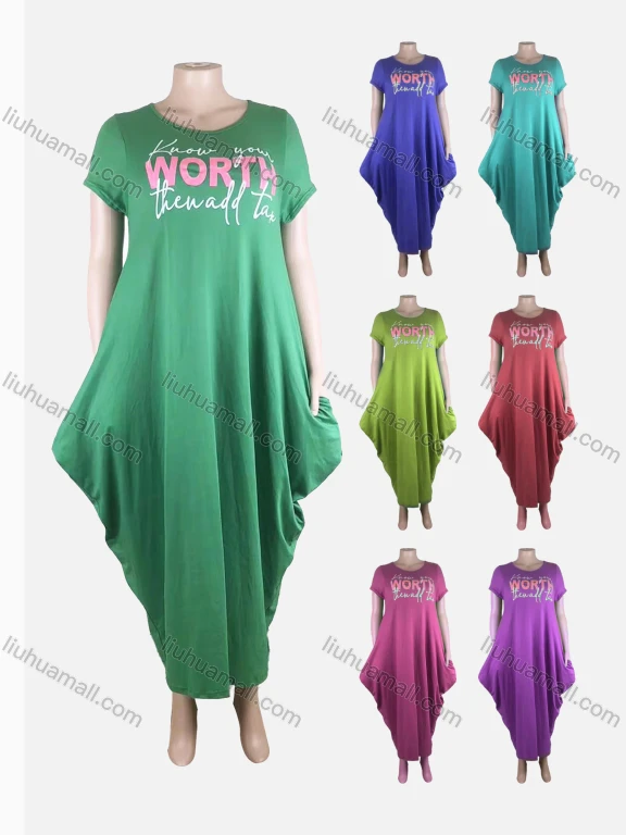 Wholesale Women's African Plus Size Crew Neck Letter Short Sleeve Patch Pocket Loose Fit Dress 8814#