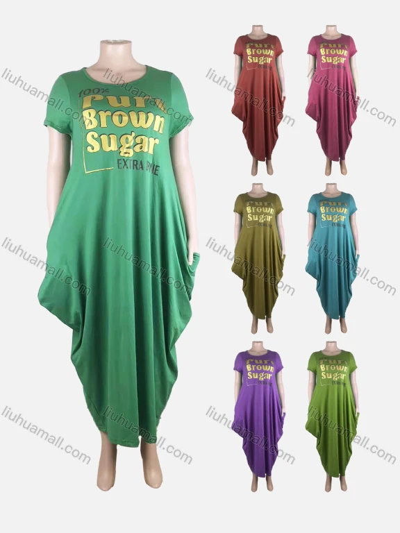 Wholesale Women's African Plus Size Crew Neck Letter Short Sleeve Patch Pocket Loose Fit Dress 8813#