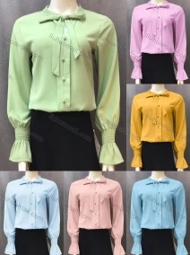 Wholesale Women's Casual Poet Sleeve Button Decor Tie Front Shirred Plain Blouse, LIUHUA CLOTHING WHOLESALE