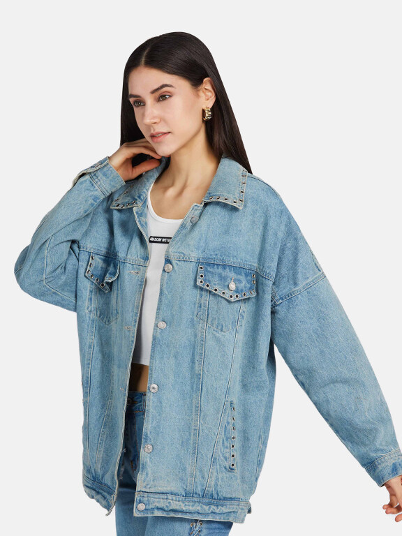 Women's Fashion Plain Button Down Fake Pocket Distressed Denim Jacket, Clothing Wholesale Market -LIUHUA, 