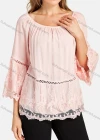 Wholesale Women's Casual Square Neck Guipure Lace&Hollow Out Bell Sleeve Plain Top - Liuhuamall
