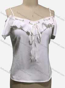 Wholesale Woman's Casual Spaghetti Strap Cold Shoulder Ruffle Trim Lace Up Plain Tunic Top, LIUHUA CLOTHING WHOLESALE