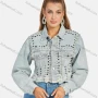 Wholesale Women's Casual Distressed Ripped Frayed Raw Hem Rivet Rhinestone Decor Long Sleeve Button Down Crop Denim Jacklet preview