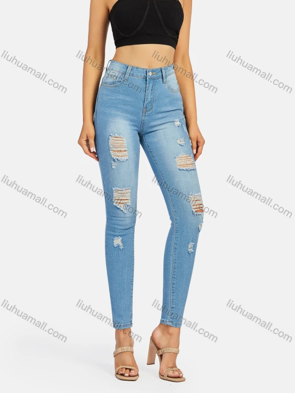 Wholesale Women's Casual Distressed Ripped Skinny Fit Ankle Length High Waist Denim Pants