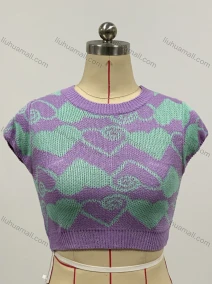 Wholesale Woman's Fashion Round Neck Short Sleeve Heart Cartoon Print Knit Crop Sweater Top, LIUHUA CLOTHING WHOLESALE