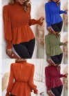 Wholesale Women's Casual Plain Mock Neck Shirred Long Sleeve Ruffle Hem Blouse - Liuhuamall