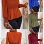 Wholesale Women's Casual Plain Mock Neck Shirred Long Sleeve Ruffle Hem Blouse preview