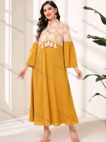 Wholesale Women's Elegant Vintage Splicing Floral Print Notched Neck Long Sleeve Tassel Ruffle Hem Maxi Dress, LIUHUA CLOTHING WHOLESALE
