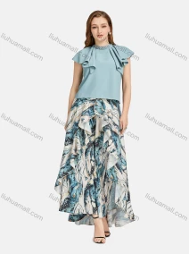 Wholesale Women's Casual Stand Collar Ruffle Trim Rhinestone Blouse 2-piece Set, LIUHUA CLOTHING WHOLESALE