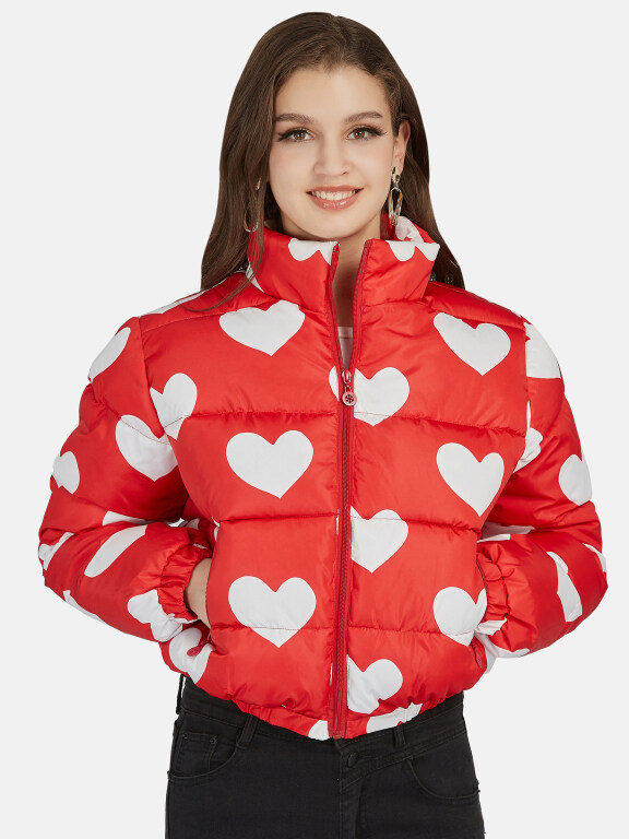 Women's Fashion Stand Collar Heart Print Zipper Puffer Jacket 665#, Clothing Wholesale Market -LIUHUA, Women, Women-s-Outerwear, Women-s-Coat