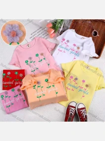 Wholesale Girls Casual Floral & Letter Print Applique Round Neck Short Sleeve Tee, LIUHUA CLOTHING WHOLESALE