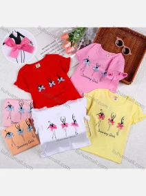 Wholesale Girls Casual Graphic Bow Knot Appliques Round Neck Short Sleeve Tee, LIUHUA CLOTHING WHOLESALE
