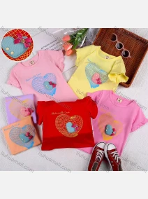 Wholesale Girls Casual Heart Print Applique Round Neck Short Sleeve Tee, LIUHUA CLOTHING WHOLESALE