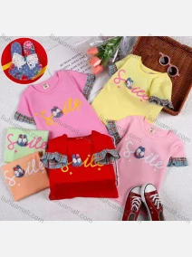 Wholesale Girls Casual Letter Print Cartoon Applique Stitching Round Neck Short Sleeve Tee, LIUHUA CLOTHING WHOLESALE