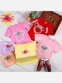 Wholesale Girls Casual Cartoon Print Bow Knot Appliques Round Neck Short Sleeve Tee, LIUHUA CLOTHING WHOLESALE