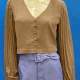 Wholesale Women's Casual Plain V Neck Puff Sleeve Button Decor Blouse 25# Clothing Wholesale Market Liuhua