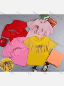 Wholesale Girls Casual Bow Tie Round Neck Ruffle Trim Short Sleeve Tee, LIUHUA CLOTHING WHOLESALE
