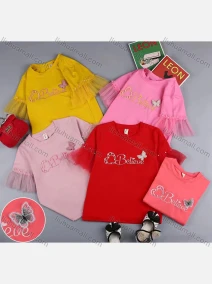 Wholesale Girls Casual Embroidery Butterfly Applique Round Neck Pearl Decor Mesh Short Sleeve Tee, LIUHUA CLOTHING WHOLESALE