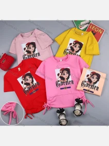 Wholesale Girls Casual Cartoon Graphic Round Neck Drawstring Short Sleeve Tee, LIUHUA CLOTHING WHOLESALE