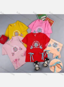 Wholesale Girls Casual Embroidery Round Neck Bow Knot Lace Trim Short Sleeve Tee, LIUHUA CLOTHING WHOLESALE