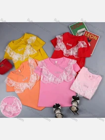 Wholesale Girls Casual Lace Trim Round Neck Short Sleeve Tee, LIUHUA CLOTHING WHOLESALE