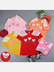 Wholesale Girls Casual Labeled Round Neck Rhinestone Scalloped Trim Short Sleeve Tee, LIUHUA CLOTHING WHOLESALE