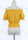 Wholesale Women's Causal Off Shoulder Short Sleeve Shirred Tie Front Ruffle Trim Plain Blouse - Liuhuamall