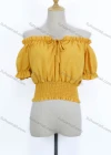 Wholesale Women's Causal Off Shoulder Short Sleeve Shirred Tie Front Ruffle Trim Plain Blouse - Liuhuamall