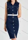 Wholesale Women's Casual Collared Dual Pockets Button Down Frayed Raw Hem Denim Dress - Liuhuamall