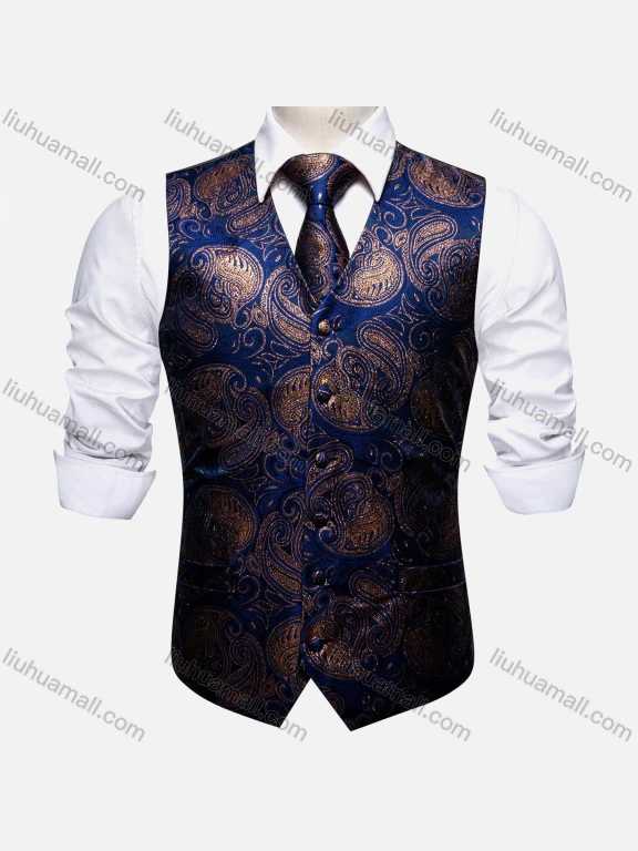 Wholesale Men's Formal Paisley Print Silky Waistcoat With Necktie 2-piece Set