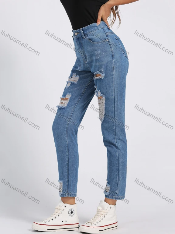 Wholesale Women's Fashion Ripped Distressed Patch Pocket High Waist Skinny Jeans