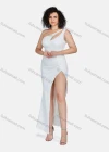 Wholesale Women's Sexy Plain One Shoulder Sleeveless Beaded Decor Ruched Split Thigh Cut Out Maxi Evening Dress 23502# - Liuhuamall