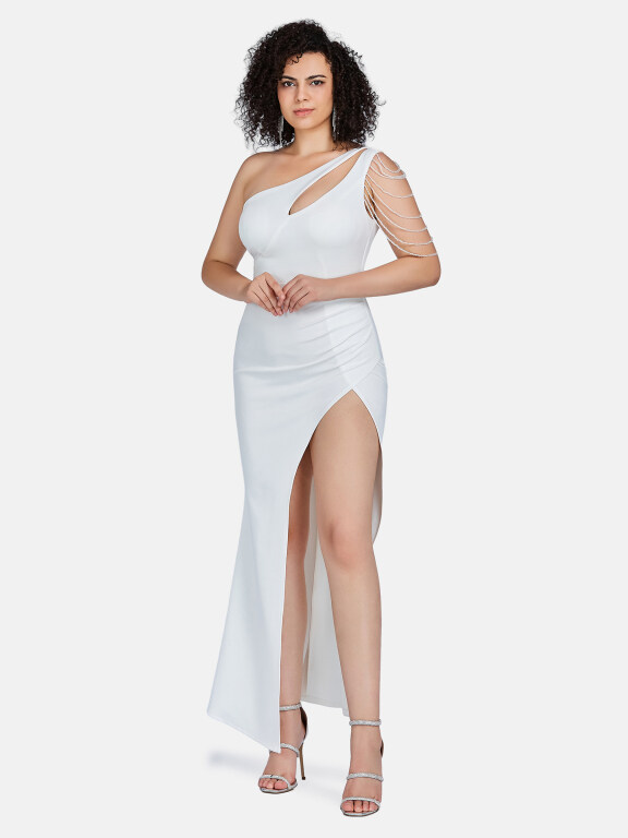 Women's Sexy Plain One Shoulder Sleeveless Beaded Decor Ruched Split Thigh Cut Out Maxi Evening Dress 23502#, Clothing Wholesale Market -LIUHUA, 