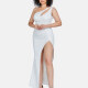 Women's Sexy Plain One Shoulder Sleeveless Beaded Decor Ruched Split Thigh Cut Out Maxi Evening Dress 23502# White Clothing Wholesale Market -LIUHUA