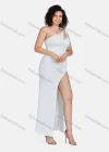 Wholesale Women's Sexy Plain One Shoulder Sleeveless Beaded Decor Ruched Split Thigh Cut Out Maxi Evening Dress 23502# - Liuhuamall
