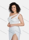 Wholesale Women's Sexy Plain One Shoulder Sleeveless Beaded Decor Ruched Split Thigh Cut Out Maxi Evening Dress 23502# - Liuhuamall