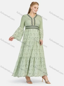 Wholesale Women's Casual Folkloric Embroidery V Neck Long Sleeve Cut Out Ruffle Hem Maxi Dress, LIUHUA CLOTHING WHOLESALE