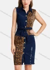Wholesale Women's Casual Leopard Print Button Closure Frayed Raw Hem Denim Dress - Liuhuamall